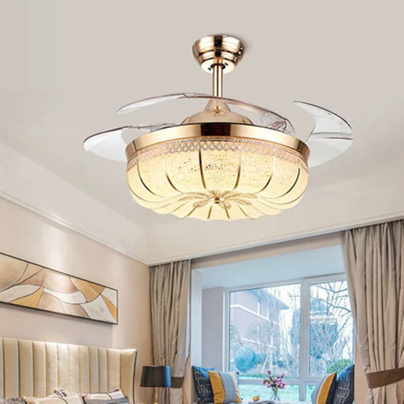

European Style Fan Light Modern Minimalist Invisible Living Room Fan Dining Room Bedroom LED Pumpkin Inverter Ceiling Fan Light