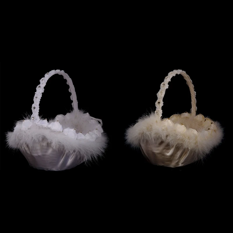 

Flower Girl Basket White Small Satin Cloth Baskets with Ostrich Fluff Faux Rose Flowers Decor for Wedding Ceremony