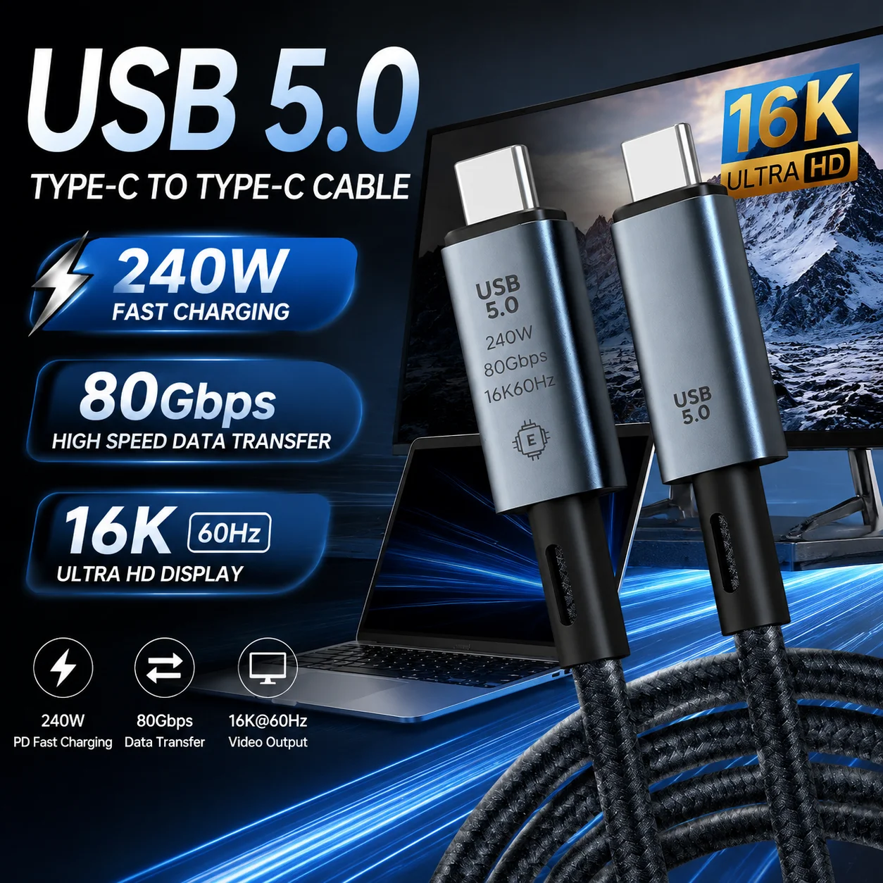 Фото Кабель USB 5.0 C-C, быстрая зарядка 240 Вт, высокоскоростной кабель передачи данных 80 Гбит/с, поддержка дисплея 16K 60 Гц, кабель Type C (штекер-штекер). №2