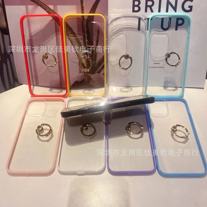 

Soft Candy Color Square Phone Case For iPhone 12 11 Pro Max Mini X 7 8 Plus SE Stand Finger Bracket Transparent Back Cover