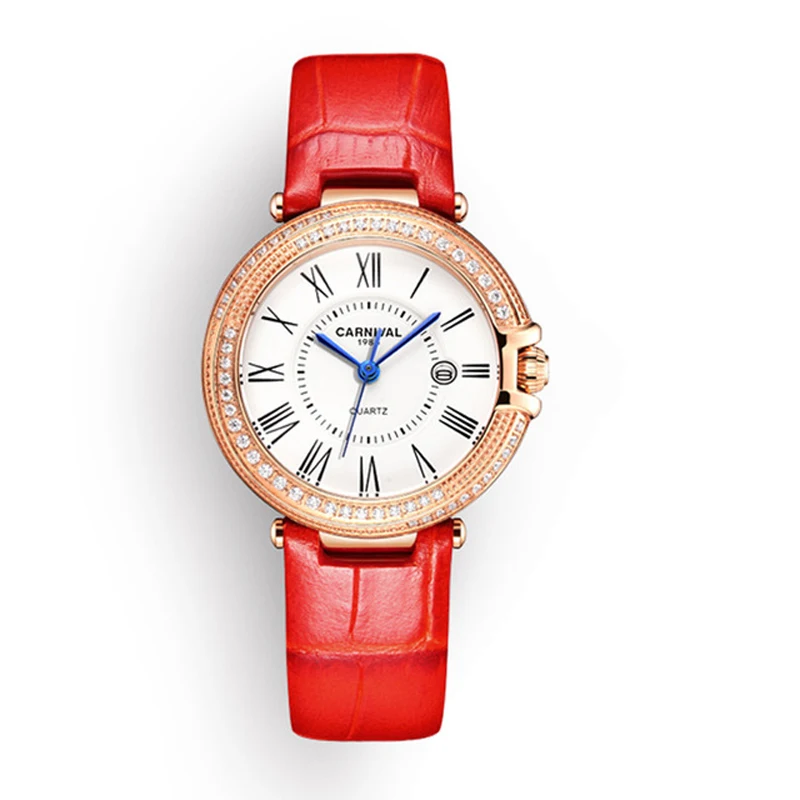 CARNIVAL Fashion Diamond Quartz Wrist Watch for Women Ladies Luxury Leather Casual Girls Wristwatch Waterproof Relogio Feminino