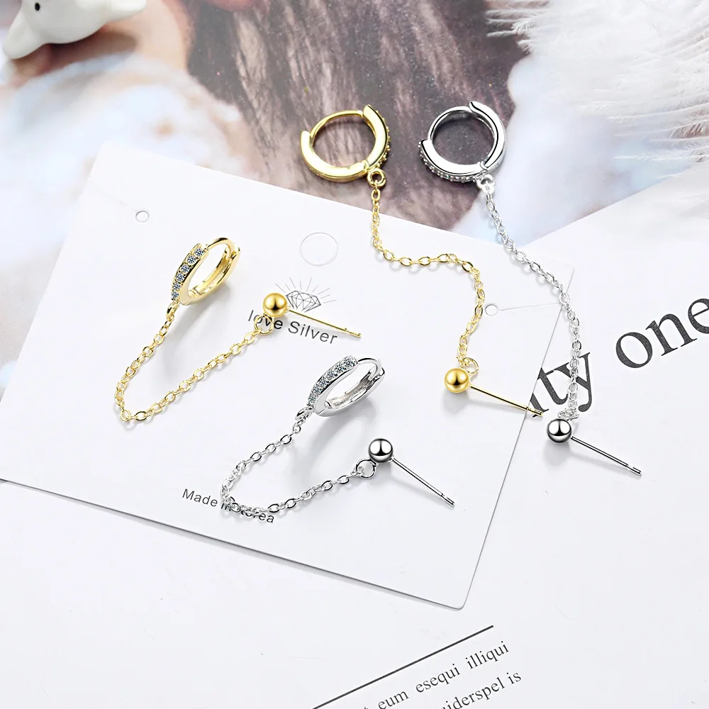 Gold Silver Color Plated Double Hole Link Chain Circle Hoop Earrings Zircon Star Lightning Eye Pendant Huggie Piercing Earring images - 6