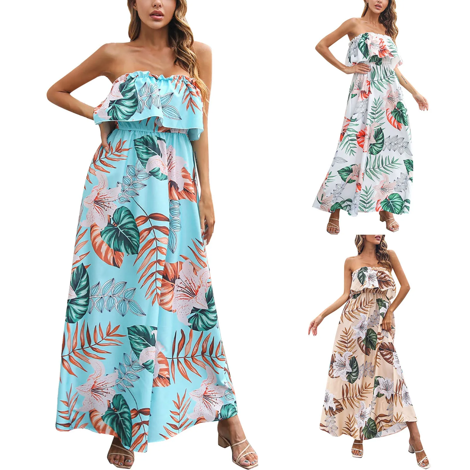 

Женское летнее платье-макси без бретелек, длинное пляжное платье с цветочным принтом в стиле бохо для отпуска, повседневные весенние платья