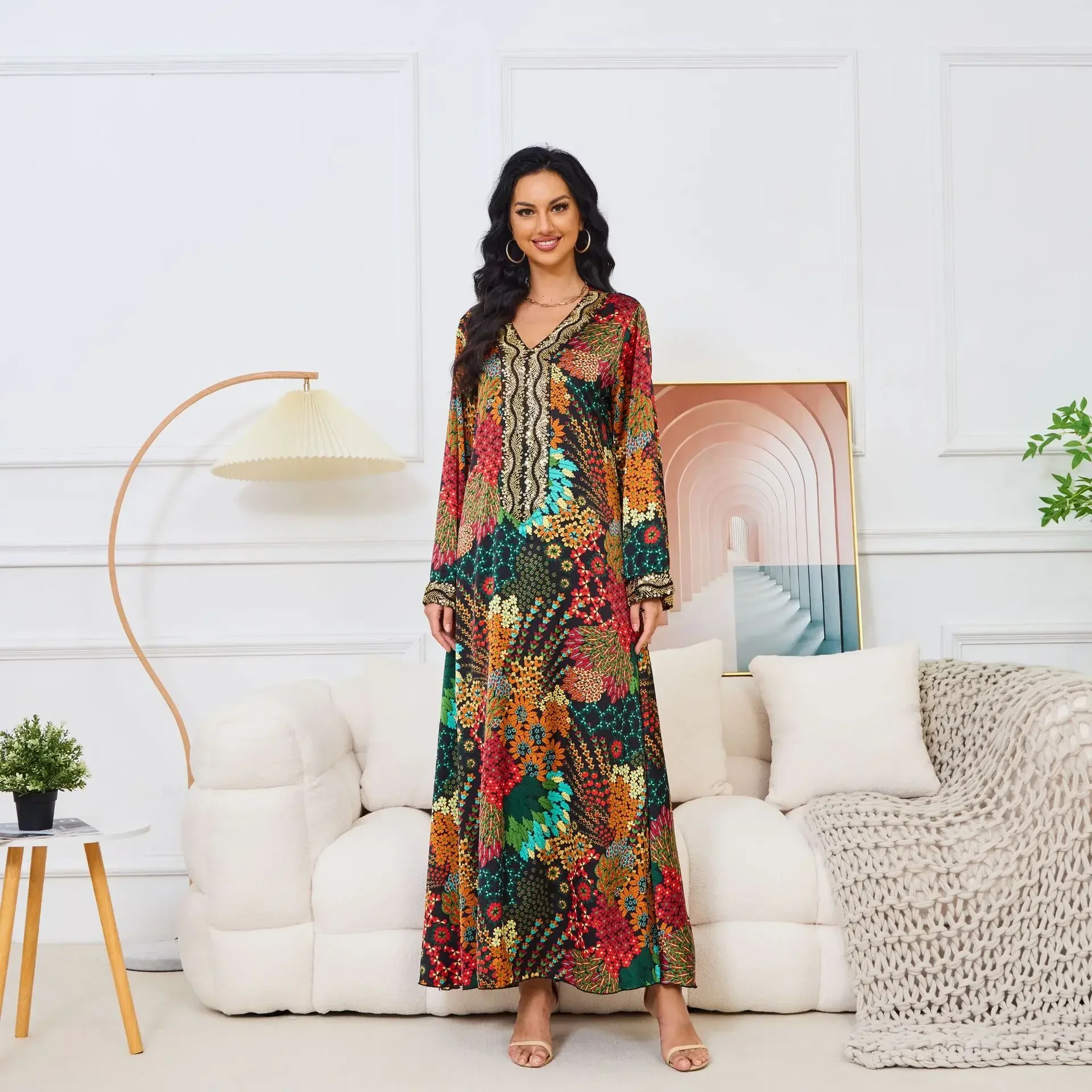 Платье с принтом для женщин модная мусульманская Абая повседневная v-образным