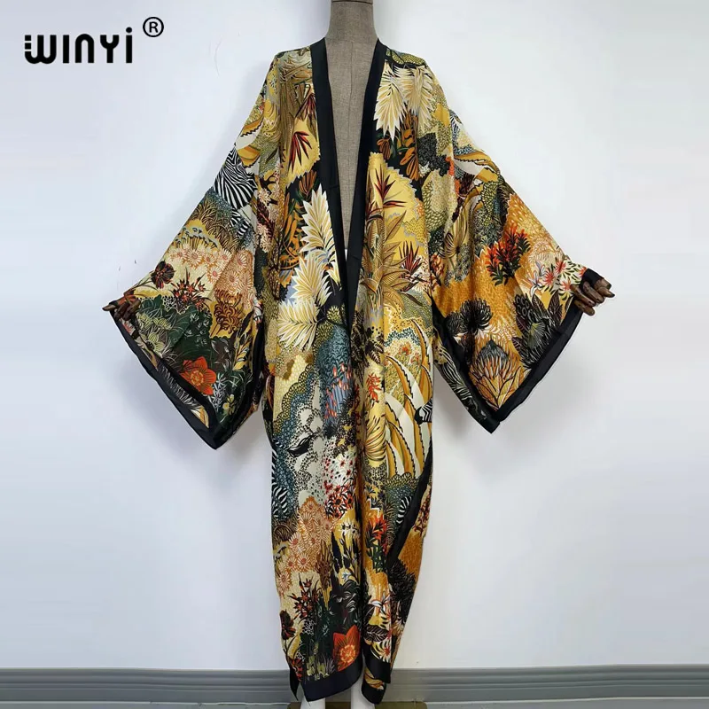 2022 WINYI new africa Boho Printed Long Kimono Dress Bikini Wrap Cover-ups Women Summer Clothes Beach Wear Swim Suit maxi kaftan