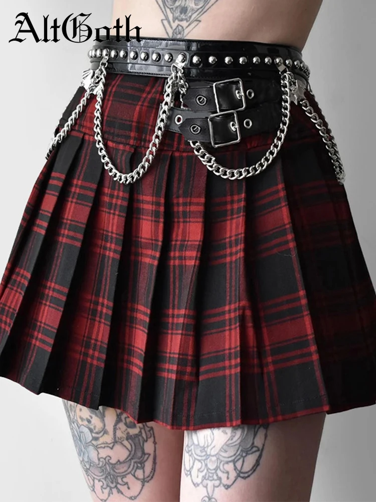 AltGoth Mall Gothic Plaid Pleated Skirt Women Punk Harajuku Streetwear High Waist Zipper Mini Skirt Y2k Emo Alt Clubwear Female