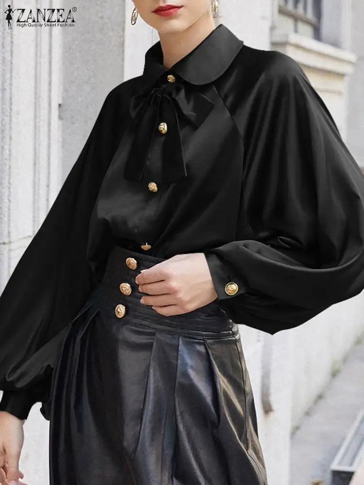 

ZANZEA Elegant Solid Tunics 2023 Women Lantern Long Sleeve Blouse Fashion Bowknot Lapel Collar Office Shirt Casual Satin Tops