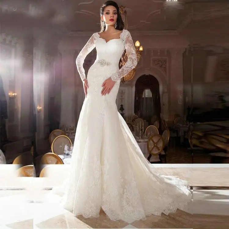 

Stunning Customized Appliqued Lace Beaded Long Sleeve Mermaid Wedding Dress Bridal Gown with Crystal belt