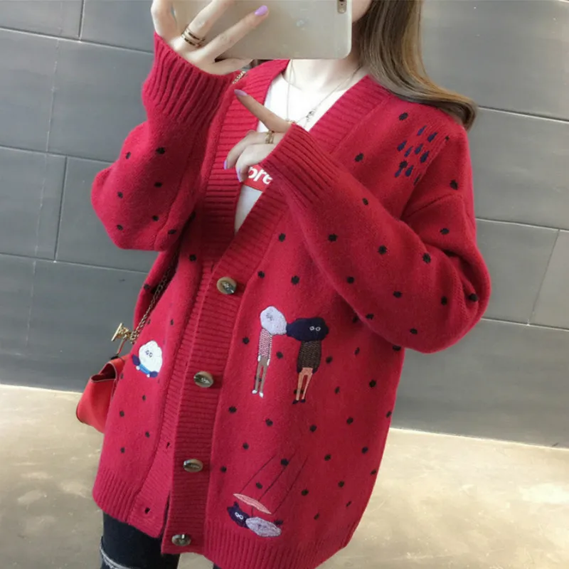 Свитер женский осенне-зимний с V-образным вырезом и вышивкой |