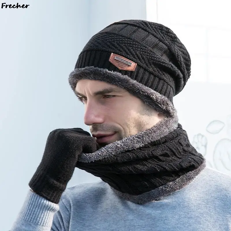 

3PCS Winter Scarf Mask Set with Gloves Men Fleece Beanie Knit Hat Thermal Balaclava Hats Wool Headwear Outdoor Skiing Caps Warm