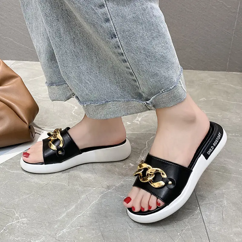 

Women Slippers 2022 Shoe Deisgner Platform Sandal Chain Flip Flop Round Open Toe Casual Slides