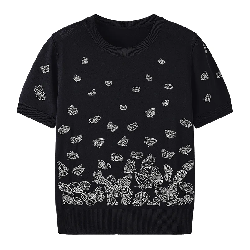 Новинка летний пуловер с круглым вырезом Модная трикотажная одежда вышивкой в