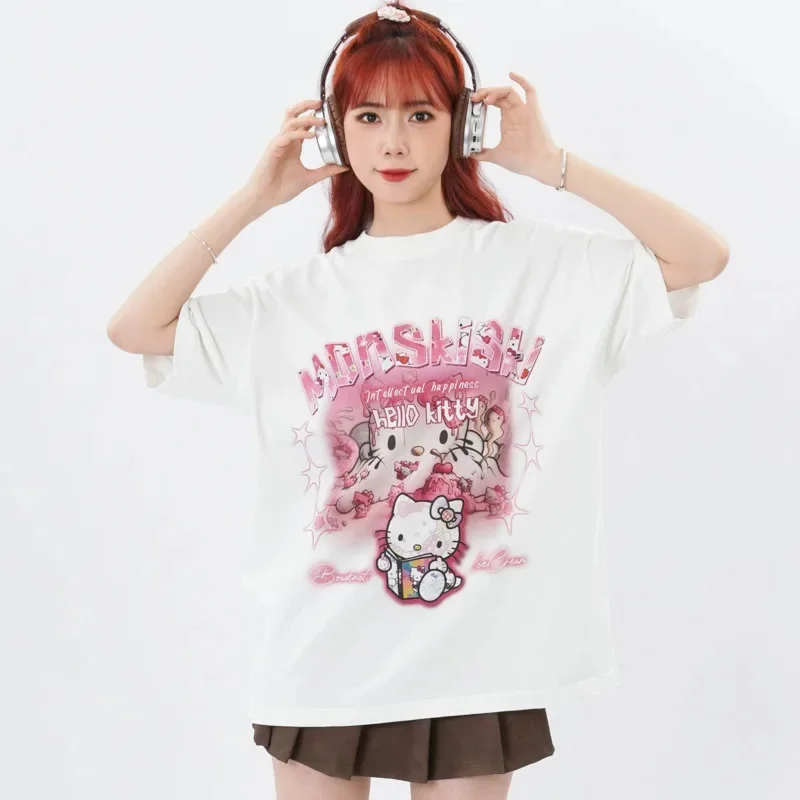 Хлопковые белые футболки Hello Kitty Sanrio женские летние топы с принтом аниме Y2k Kawaii