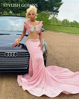 baby pink strapless long prom dress for black girls beaded evening gowns feathers birthday party crystal formal robe de bal