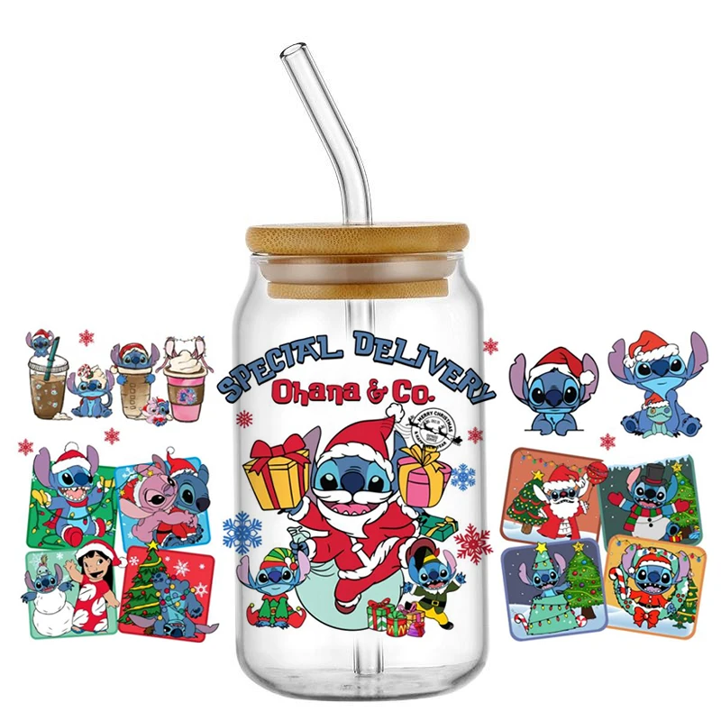 Minoso Cute Santa Stitch 3D УФ DTF наклейка для стекла Libbey 16 унций мультфильм Disney