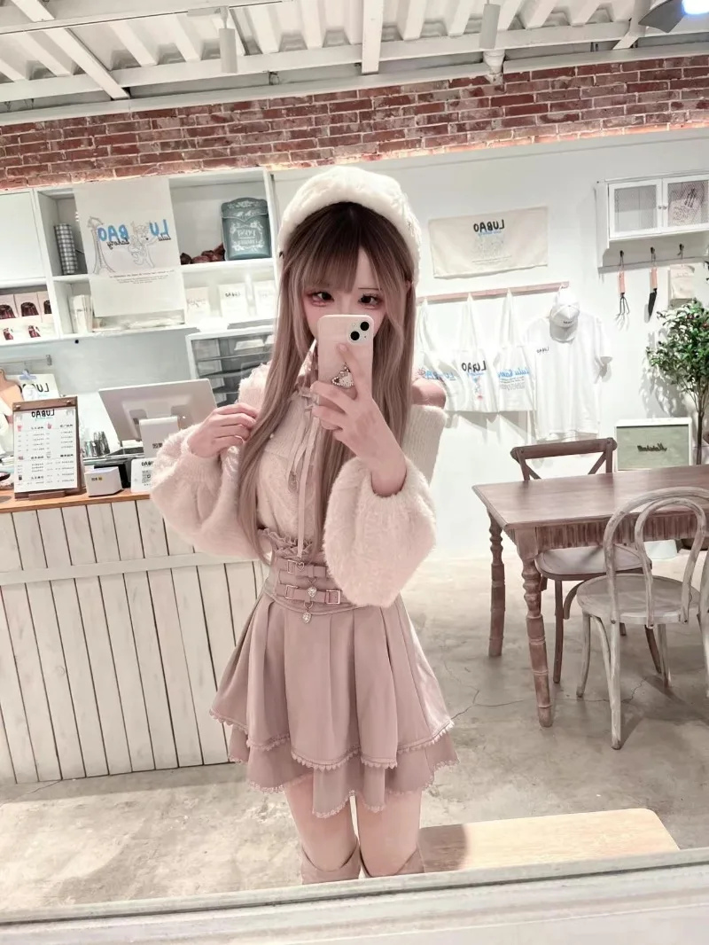 Фото Свитер с открытыми плечами в японском стиле Sweet Lolita + розовая юбка с высокой талией, комплекты на осень/зиму, новая милая одежда в стиле кавай для девочек №3
