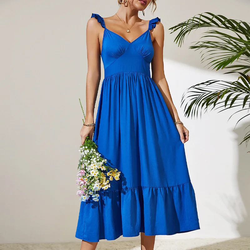 

Женское пляжное платье с открытой спиной, синее плиссированное платье средней длины с V-образным вырезом и кружевным рукавом, элегантные об...