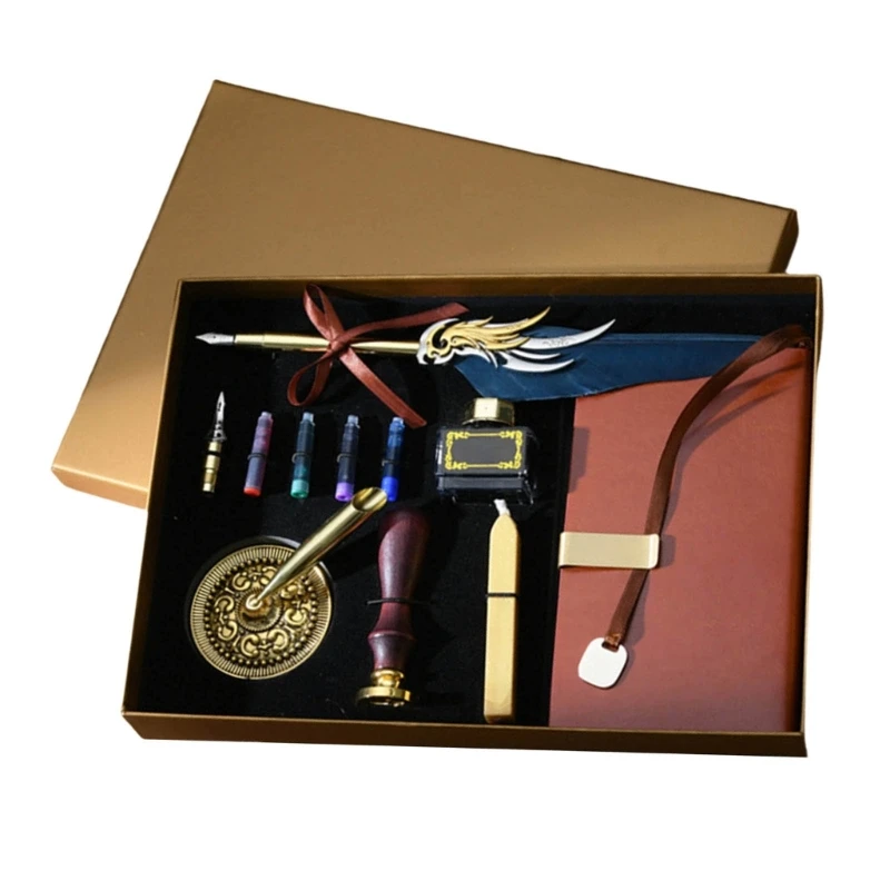 Набор винтажных штампов и перьевых ручек с мешочками чернилами в бутылке