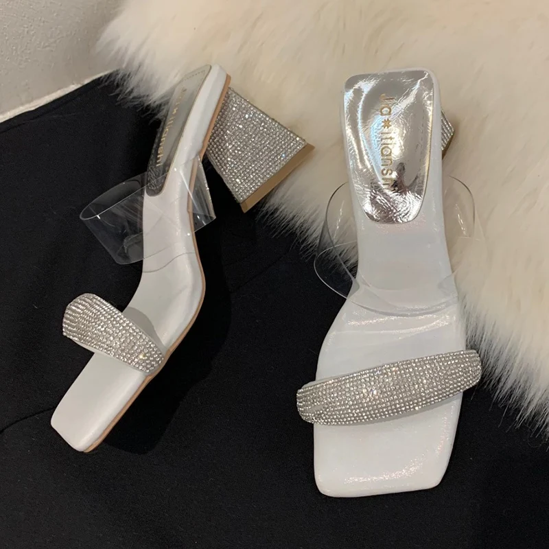 

Rimocy Bling Crystal High Heels Sandals Women Summer 2022 Transparent PVC Square Toe Slippers Woman Fashion Outdoor Zapaio Mujer