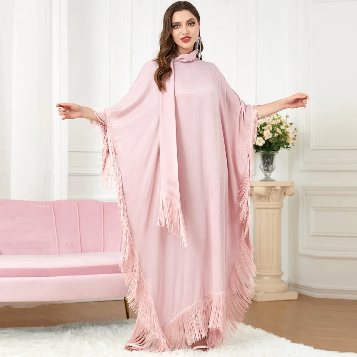 

Muslim Dress Long-sleeved Patchwork Batsleeve Women Abaya Elegant Dubai Turkey Arabic Islamic Clothing Tassel Caftan Muslim Robe
