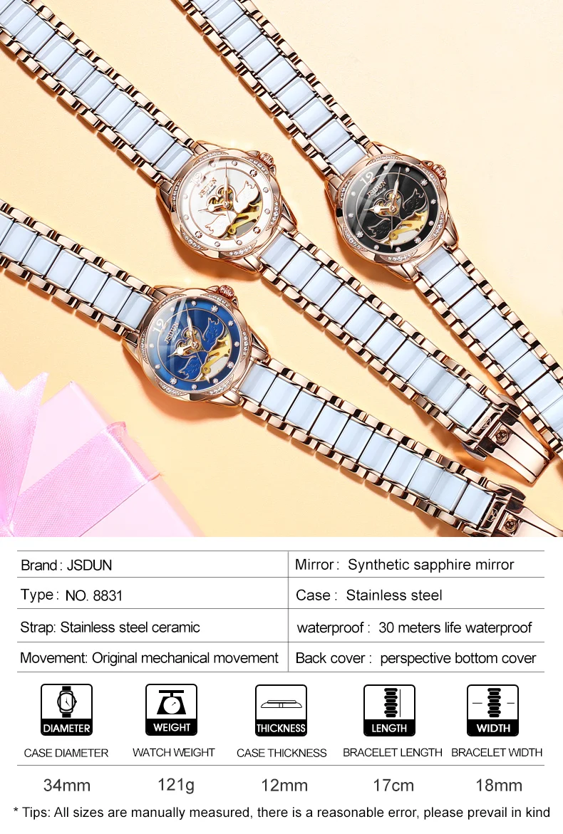 TAXAU Brand JSDUN Mechanical Watch for Women Stainless Steel Ceramics Strap Elegant Ladies Wristwatch Sapphire Femme Watches