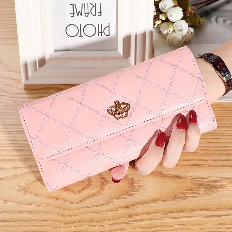 New Womens Wallets Purses Plaid PU Leather Crown Long 3 fold Wallet Hasp Phone Bag Money Pocket Card Holder Female Coin Purse