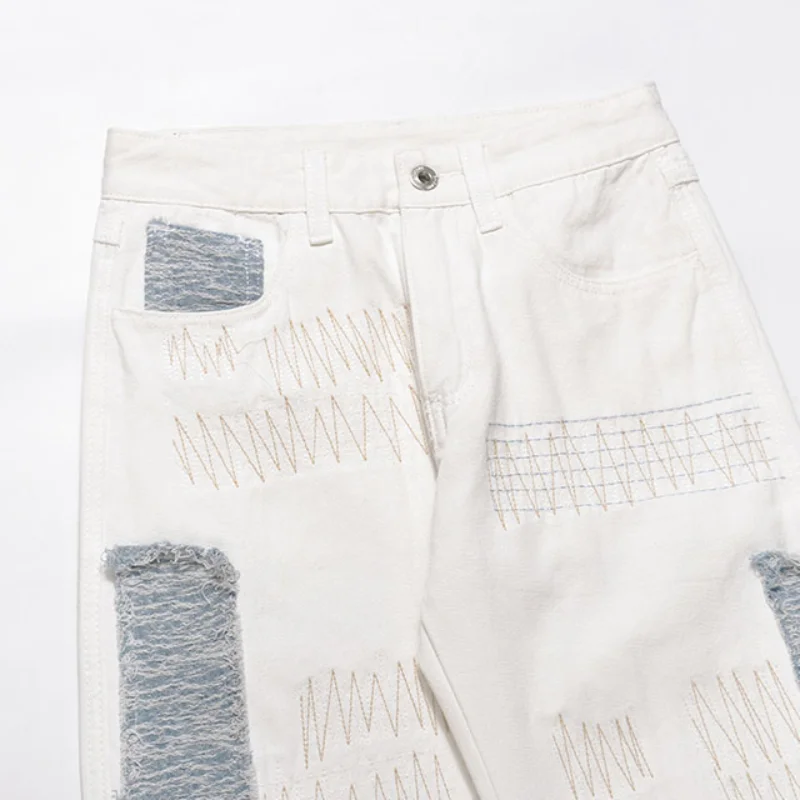 Irregular Sewing Scratched Patchwork Denim Jeans Men Casual Straight Biker Zipper Trousers Streetwear Hip Hop Jean Pants Joggers