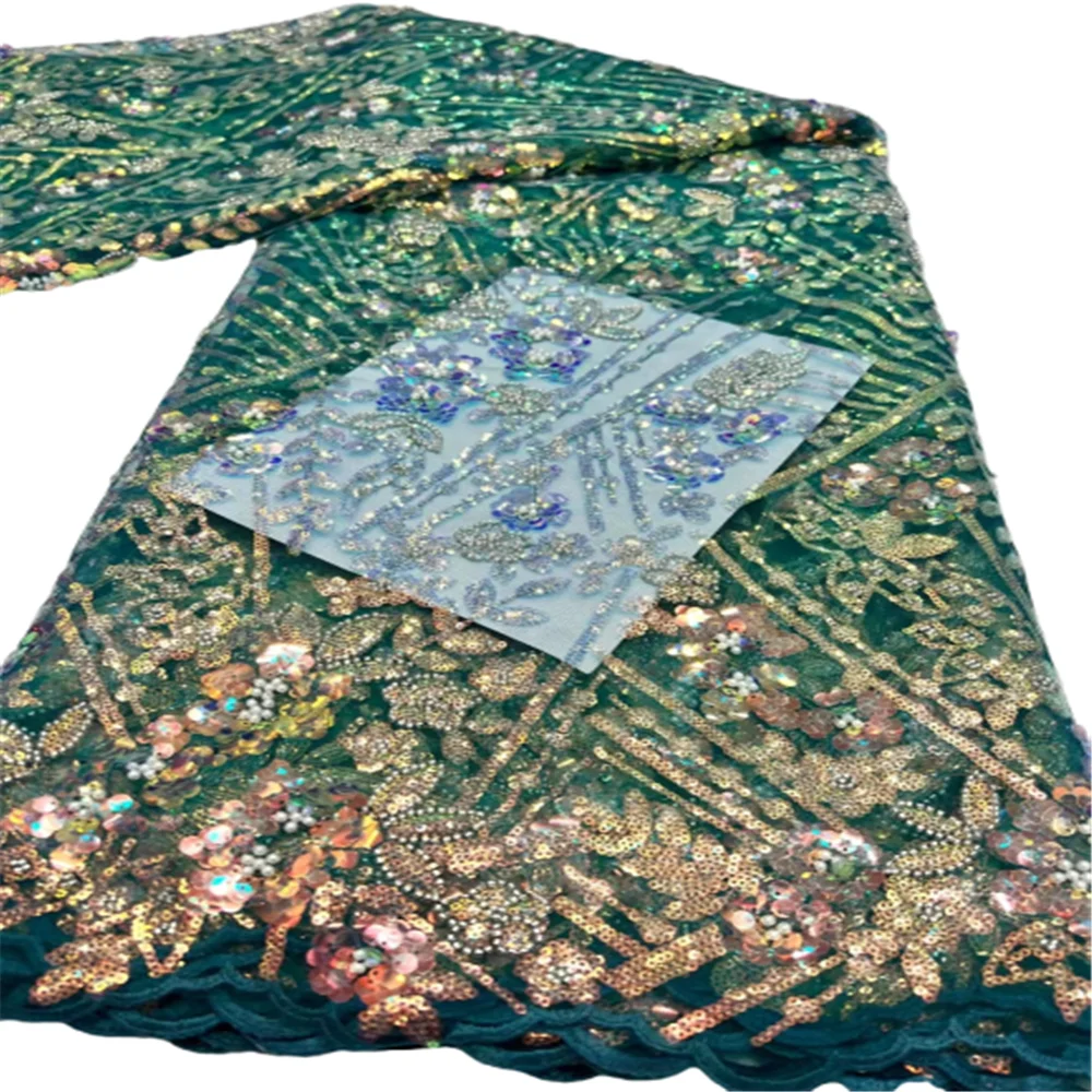 

2023 зеленый Лидер продаж, новейшая элегантная африканская вышивка, Тюлевое кружево с блестками, ткань для свадебного платья