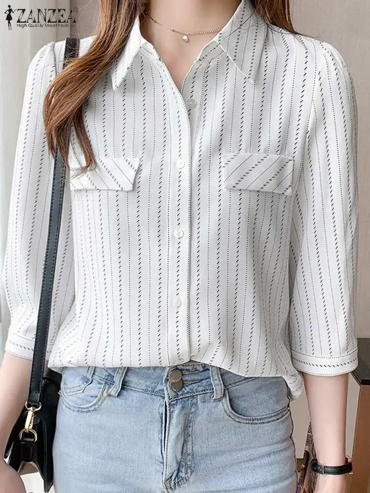 

ZANZEA Women Elegant Lapel Blouse Fashion Work OL Shirt Summer Causal Solid Color Shirts Female Office Tunic Tops Oversize Mujer