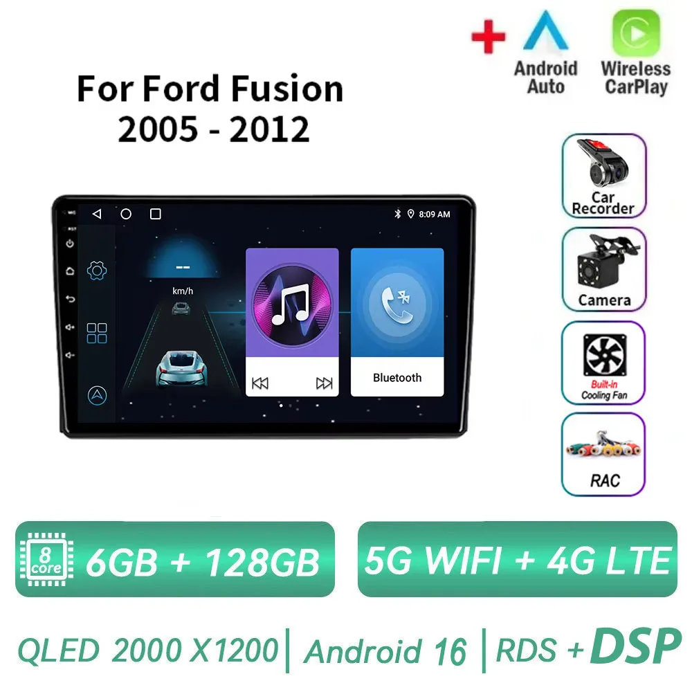 

Автомобильный радиоприемник Android 16 для Ford Fusion 1 2005-2012, мультимедийный видеоплеер, GPS-навигация, Wi-Fi, Bluetooth, беспроводной Carplay, DSP, 2Din