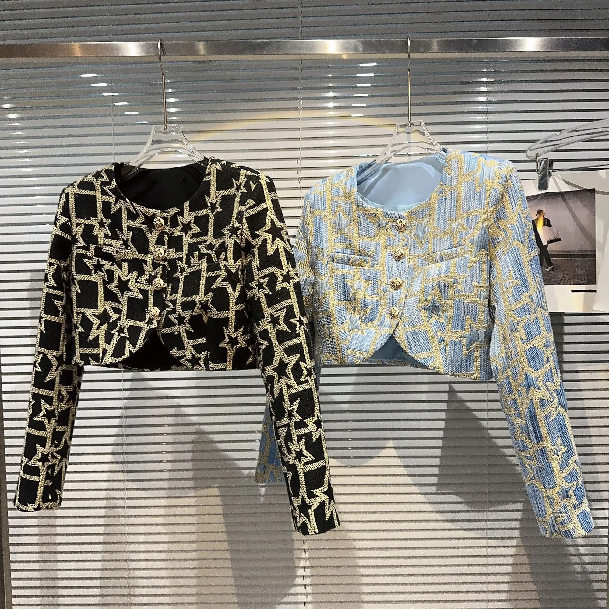 

Women's Star Gold Embroidery Button Down crop Jacket Black Blue Fall Coat