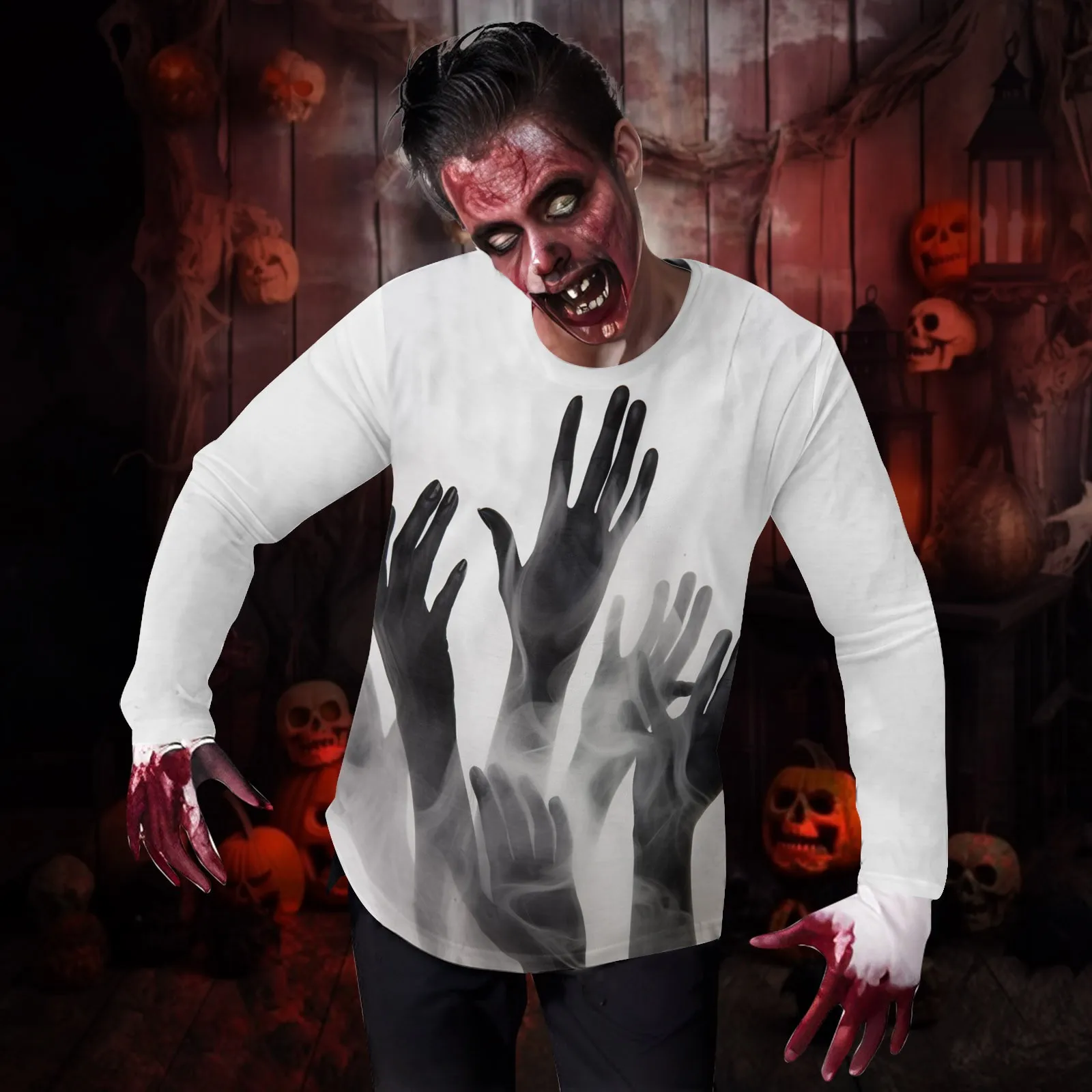 

Men Halloween Printed Long Sleeved T-Shirt Oversize Autumn And Winter Halloween Round Neck Funny Print Cosplay Clothing For Men