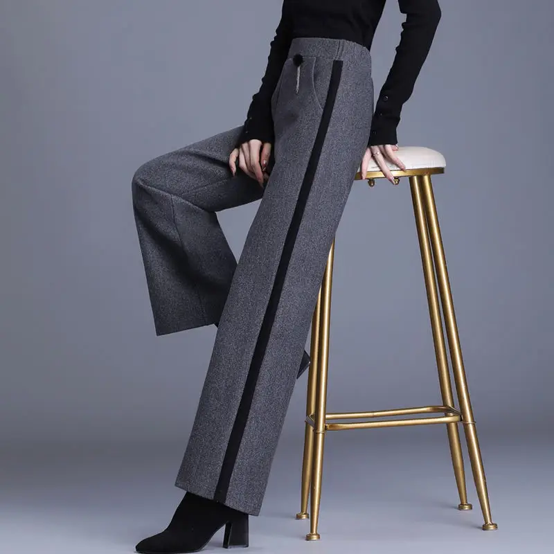 

New Woolen Elegant Pants Spring Autumn Fashion Women Solid Color Pants Woman Elastic Waist Loose Casual Trousers Ladies Q111