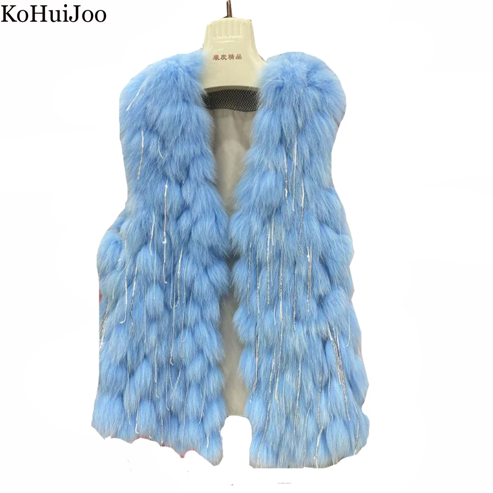 KoHuiJoo Korean Thin Fur Strip Sewed Toghter Tassels Really Fox Fur Coat Women V-Neck Sleeveless Waistcoat Vest Women's Warm