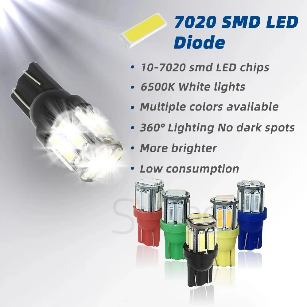 Фото Автомобильные светодиодные лампы W5W 10-7020 SMD, 4 шт./лот, запасные лампы T10, 194, 168 для панели инструментов белого и синего цвета, лампа для габарит... №3