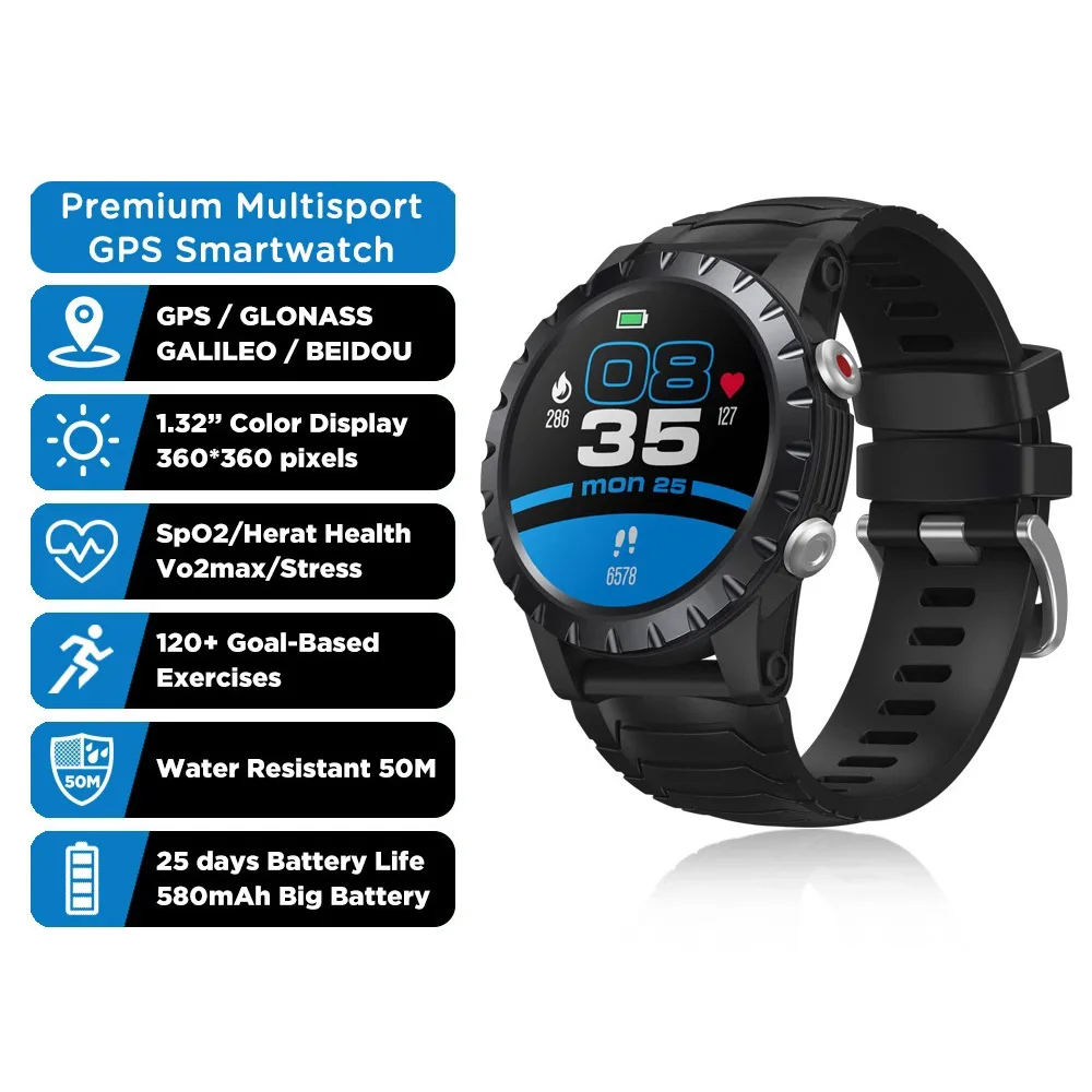 

Смарт-часы Zeblaze Stratos GPS /GLONASS/Galileo/Beidou WR50M120 + спортивные режимы SpO2/сердечное Здоровье/VO2 max/антистресс, спортивные часы на 25 дней