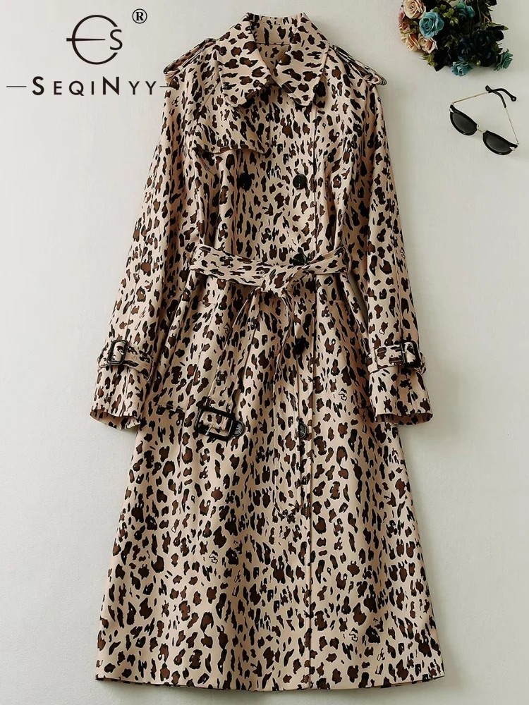 

Женский элегантный длинный тренчкот SEQINYY, новый модный дизайнерский подиумный винтажный топ с карманами и леопардовым принтом для весны и осени