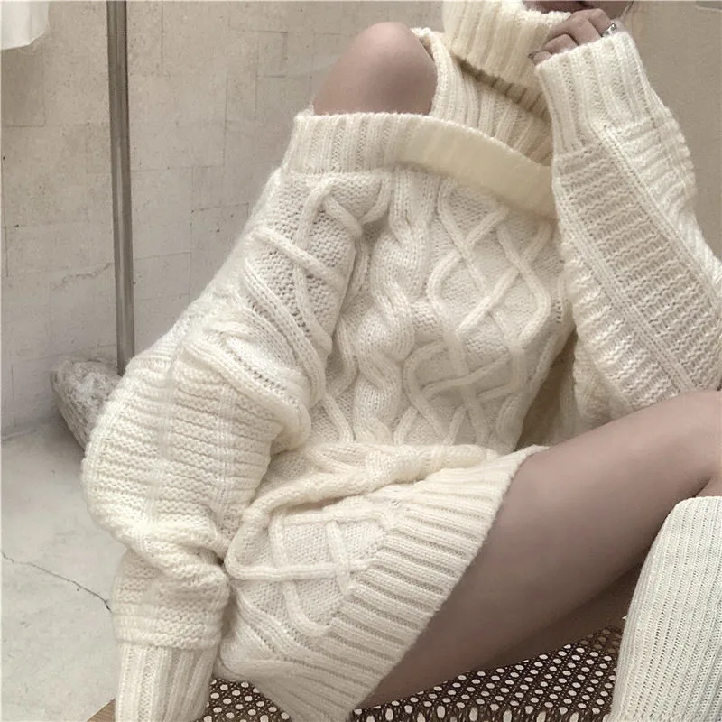 

2023 Autumn Winter Korean Style Women Turtleneck Knitted Sweaters Fashion Wild Knitwear Outwear Female Sexy Off Shoulder Pullove