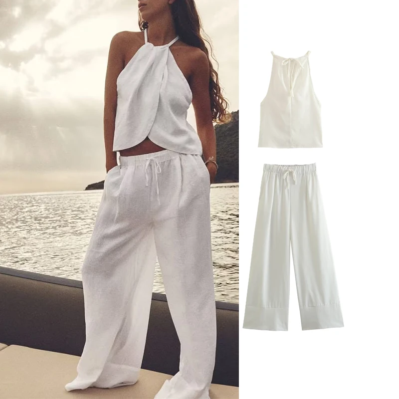 

Комплект брюк TRAF женский из двух предметов, модный Асимметричный кроп-топ, брюки, комплект, лето 2023