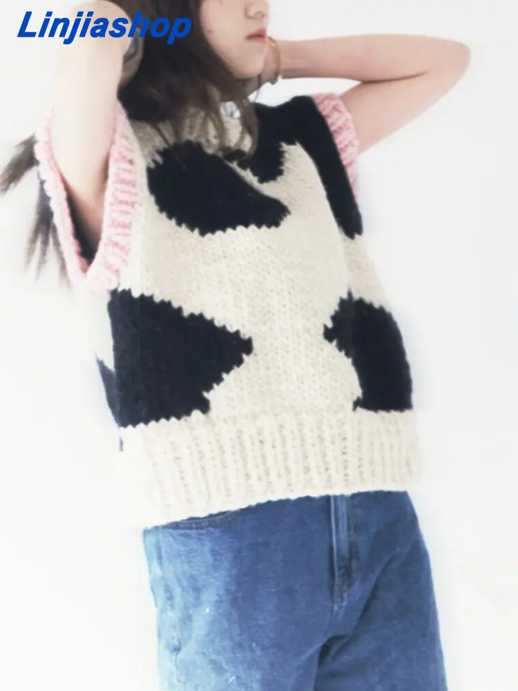 

TRAF ZA Women Sleeveless Pullover Sweater Vest Solid Color Animal Pattern Chic Casual Loose Versatile Fashion Trend Knit Top