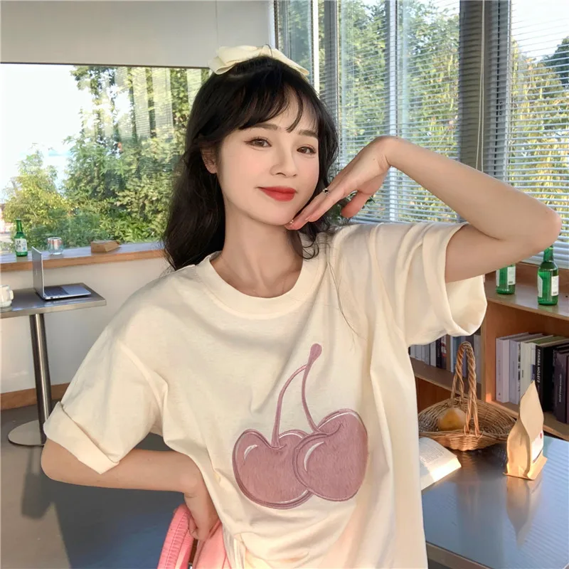 

Женские футболки, топы, японский Kawaii Ulzzang, вышитый Вишневый принт, футболка большого размера, Женская Корейская одежда Harajuku для женщин