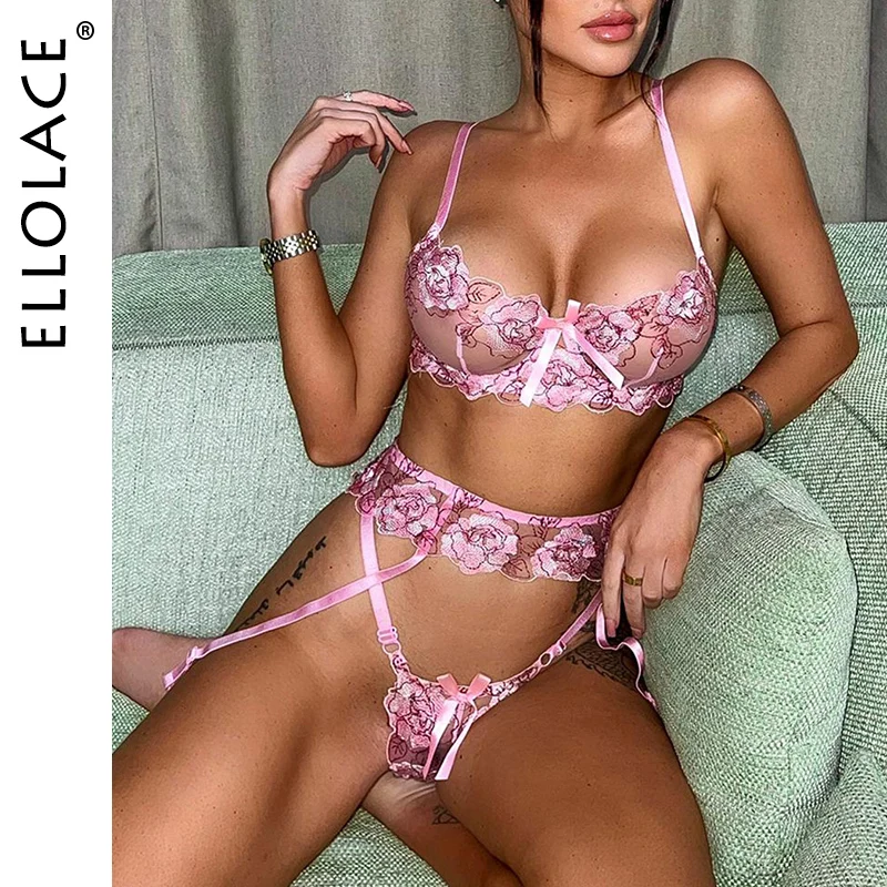 

Ellolace Floral Sexy Lingerie Underwear Set Underwire Sensual Lingerie Woman Set Woman 3 Pieces Lace Brief Sets Erotic Lingerie