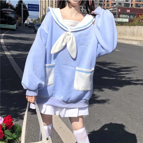 Japanese Preppy Style JK Student Women Casual Sweatshirt Bowknot Tie Sailor Collar Bear Embroidery Kawaii Hoodies Bestie Clothes