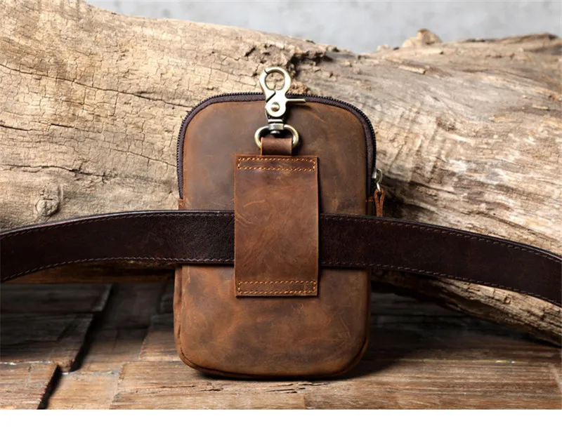 Retro fashion high quality crazy horse leather men's small pockets casual outdoor sports running real cowhide mobile phone bag