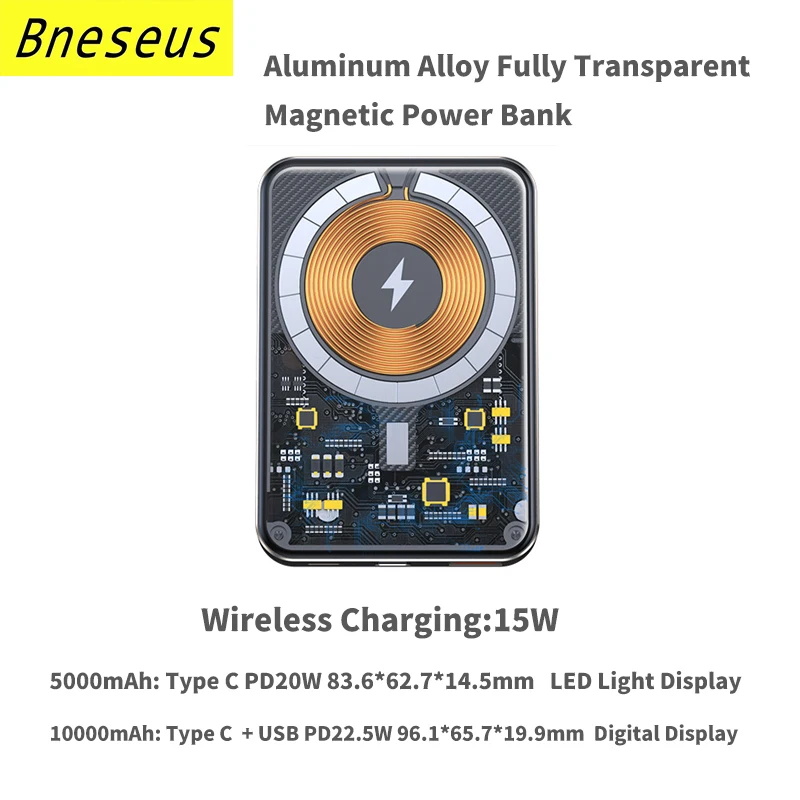 New 10000mAh Transparent Portable Magnetic Power Bank For iphone 12 13 Magnetic Wireless Charger External Auxiliary Battery Pack