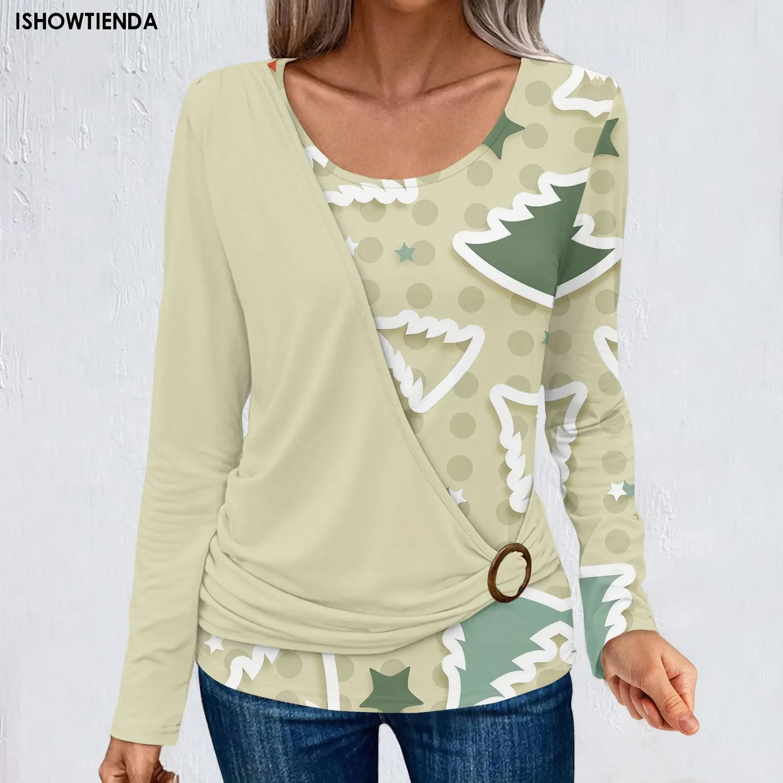 

Loose Streetwear Long Sleeve 2023 Round Neck Vintage Fake Two-Piece Blouse Christmas Print Women Lazy Style Comfy Autumn