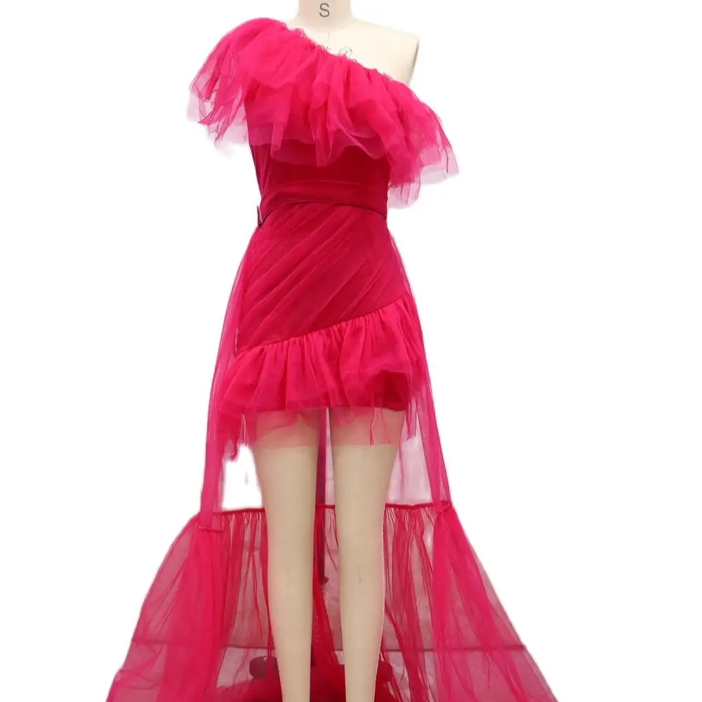 Red Women Prom Dress 2023 New Tulle Neck Rose Sleeveless Puffy Flower A-Line Ball Gown Ladies Elegant Evening Party Wedding