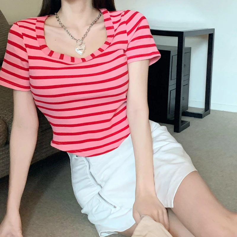 

2023 Fashion Female Stripe T-shirt Round Collar Contrast Color Short-Sleeve T Shirt Harajuku Summer Short T-Shirts For Women Tee
