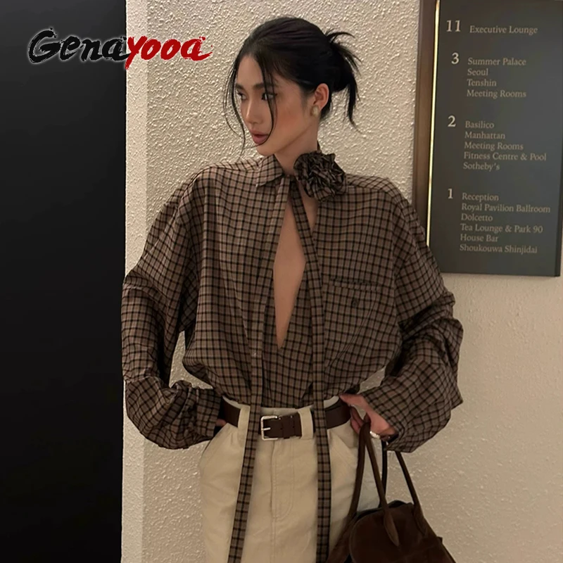 Фото Genayooa винтажная клетчатая рубашка женская Dee Vneck сексуальная рубашка топы Y2k цветочные сказочные футболки уличная одежда американская рубашка в стиле ретро 90-х годов №1
