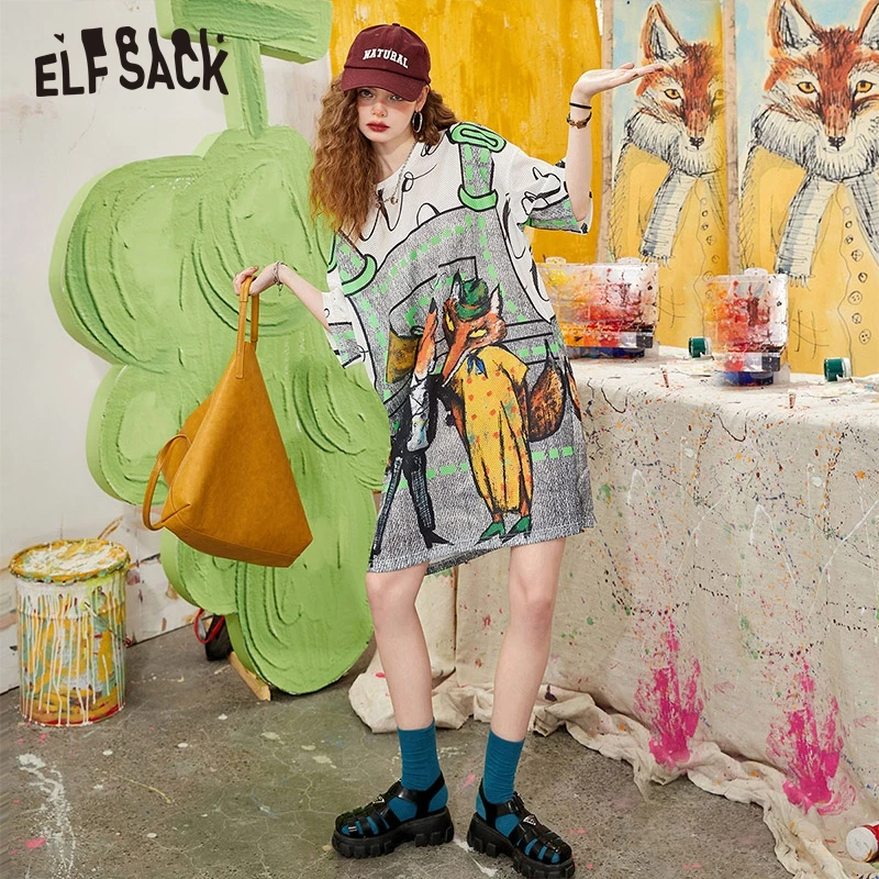 

ELFSACK White Long T-Shirt Fox Print Dress Women 2022 Summer High Waist Dress High Waist Ladies Daily Dress